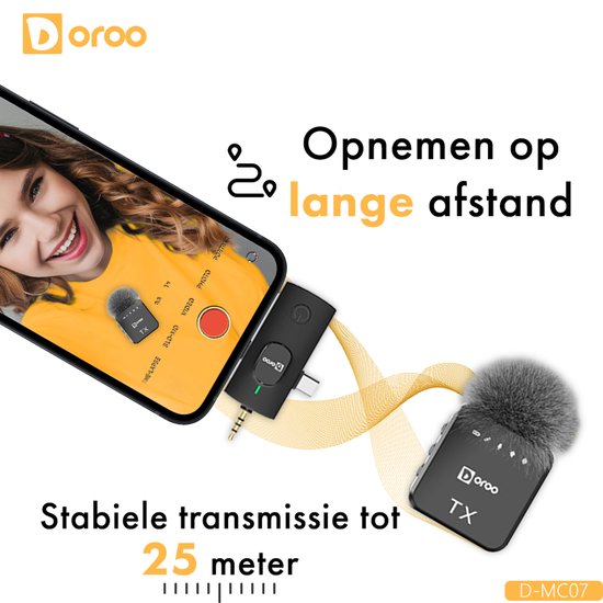 Doroo® Professioneel Draadloze Microfoon - 2 Stuks - Lavalier - Windschermen - Extra Lange Batterij - Dasspeld - Professioneel audiogeluid - USB-C/Lightning/AUX-draadloze microfoon iphone-Android - Plug & Play - twee jaar garantie