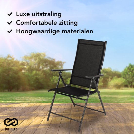 Infinity Goods Tuinstoel - 2 Stuks - 7 Verstelbare Standen - Inklapbaar - Tuin of Balkon - Weerbestendig - Textileen - Zwart