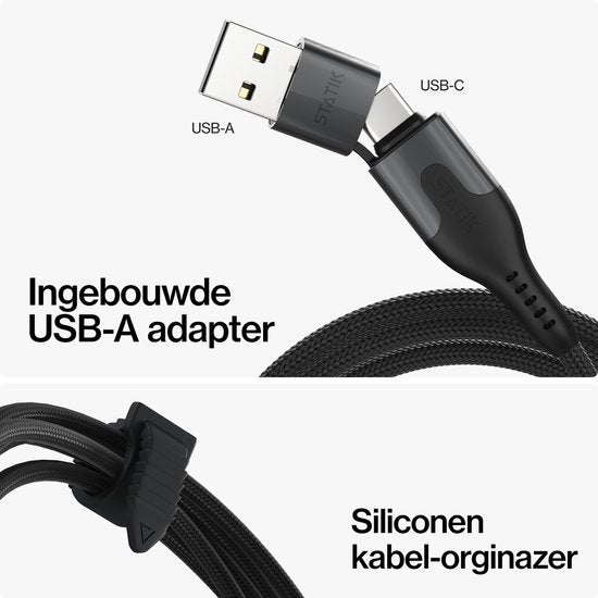 Statik PowerPivot Pro 360 - USB-C/USB-A naar USB-C- 1m - 100W - 480 Mbps Gegevensoverdracht - Nylon Gevlochten - Zwart