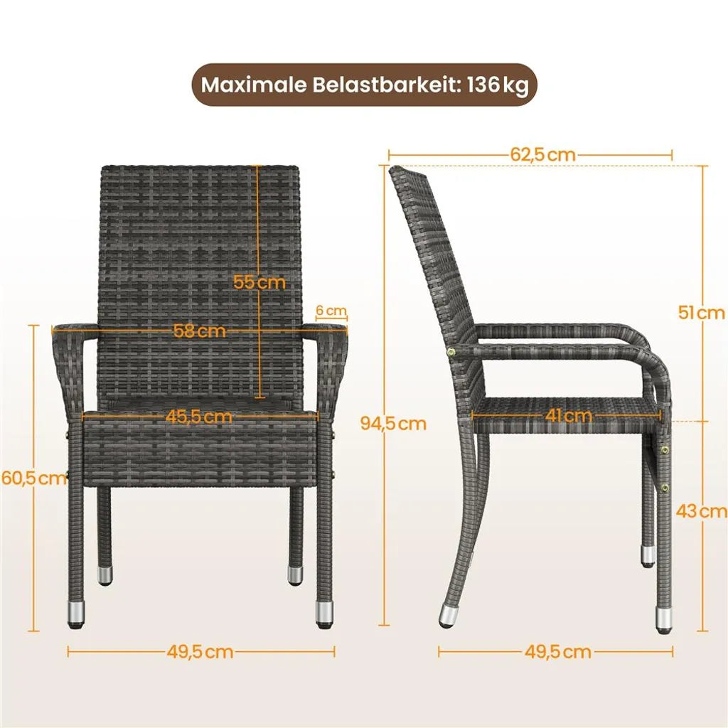 Yaheetech Tuinstoelen - Set van 2 - PE-Rattan - Stapelbaar - Armleuningen - Grijs