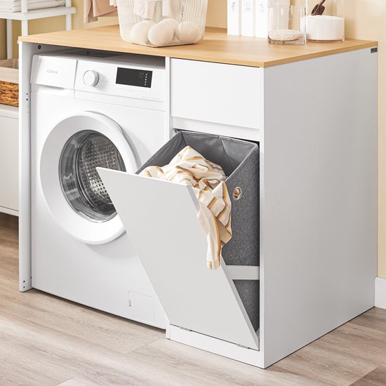 SoBuy Wasmachinekast - Badkamermeubel - Wasmand en Lade - hout - wit - 100 x 60 x 90 cm - BZR217-WN