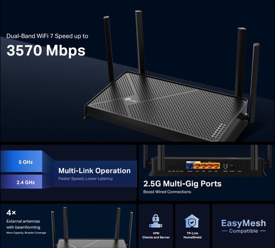 TP-Link Archer BE230 - Router - WiFi Versterker - Dual-Band - WiFi 7 - 3600 Mbps - Zwart