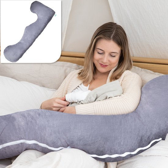 Litollo® Zwangerschapskussen XL - Voedingskussen - Lichaamskussen - Body pillow - 140cm - Afneembare hoes - Grijs - Fleece