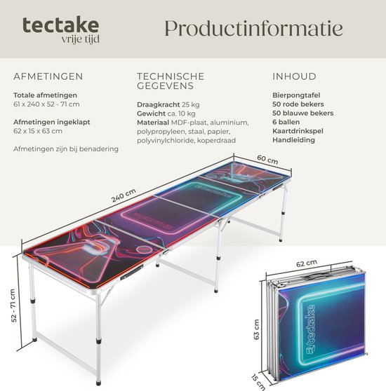 tectake® Beerpong Tafel - Met Feestdecoratie - LED-verlichting - Bierpong Tafel in Hoogte Verstelbaar en Inklapbaar - Drankspel met Accessoires - 100x Plastic Bekers, 6x pingpongballen, Kaartspel met Kaarten