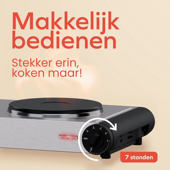 KitchenBrothers Elektrische Kookplaat - 2 Pits - Vrijstaand - 7 temperatuurstanden - 1500W + 1000W - RVS/Zwart