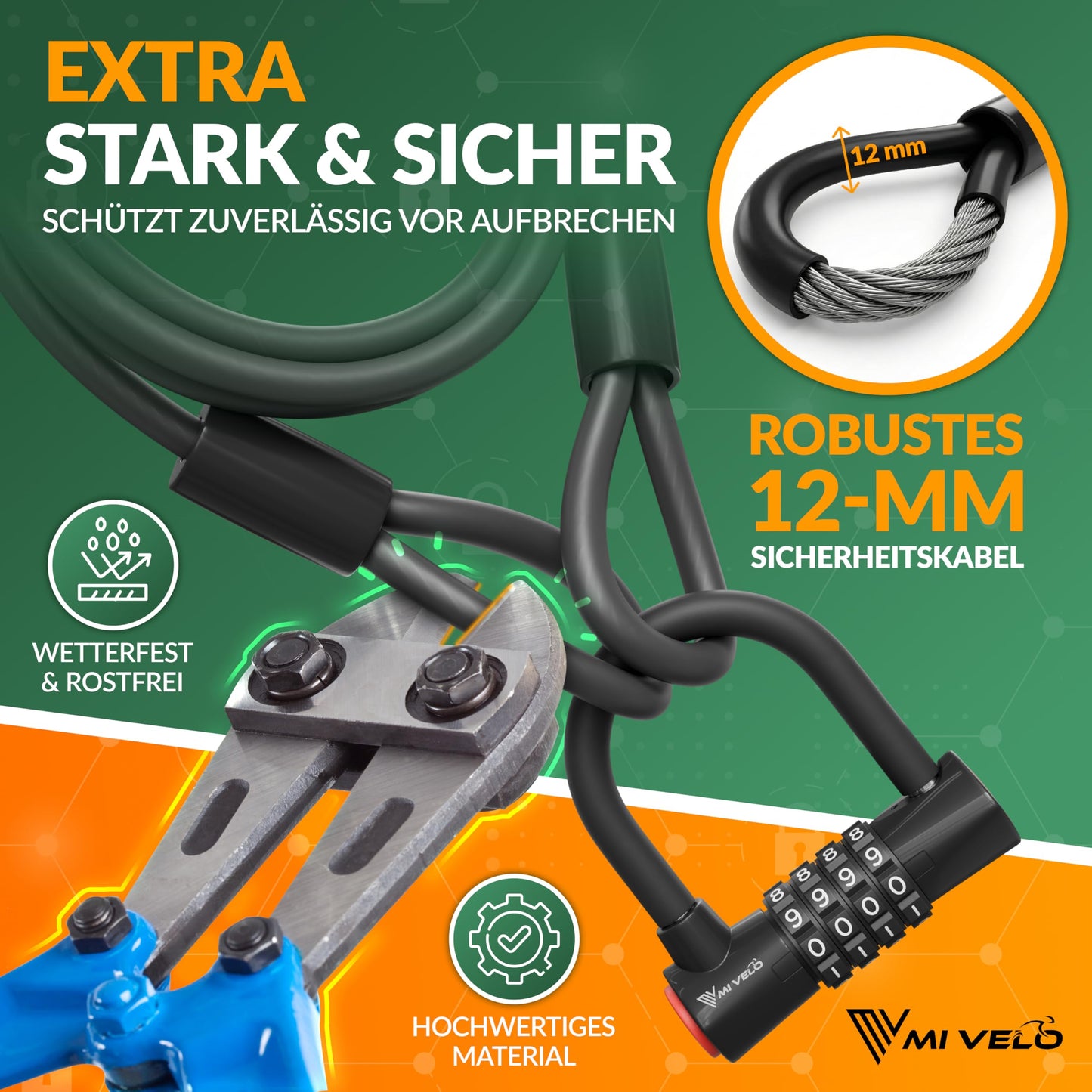 MIVELO kabelslot - fietsslot met cijfercode - 200 cm stalen kabel - 4 cijfer combinatie