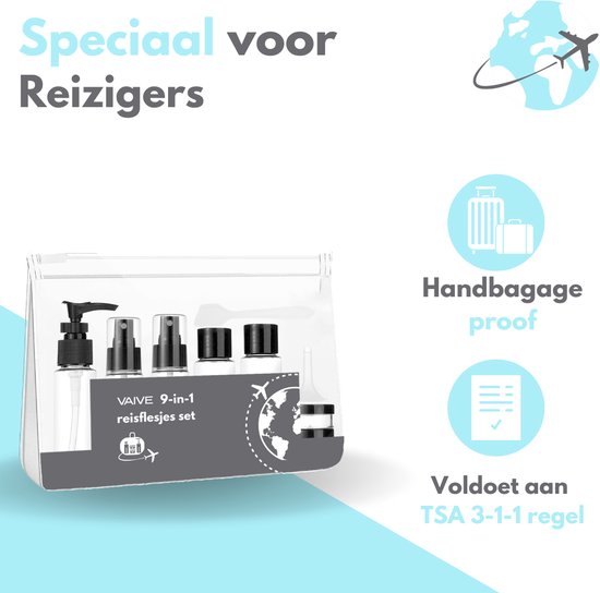 VAIVE Reisflesjes Handbagage 9-delig - Reisaccessoires - Reisflacons - Cosmetica Potjes - Reis Flesjes - Reisverpakking - Reisset