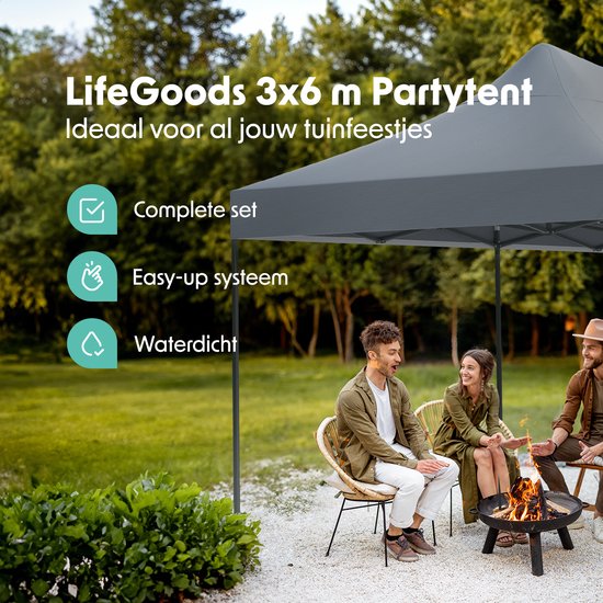 LifeGoods Partytent - Paviljoen - Easy Up - Opvouwbaar - Waterdicht - Met Draagtas Met Wieltjes - 300 x 600 cm - Donkergrijs