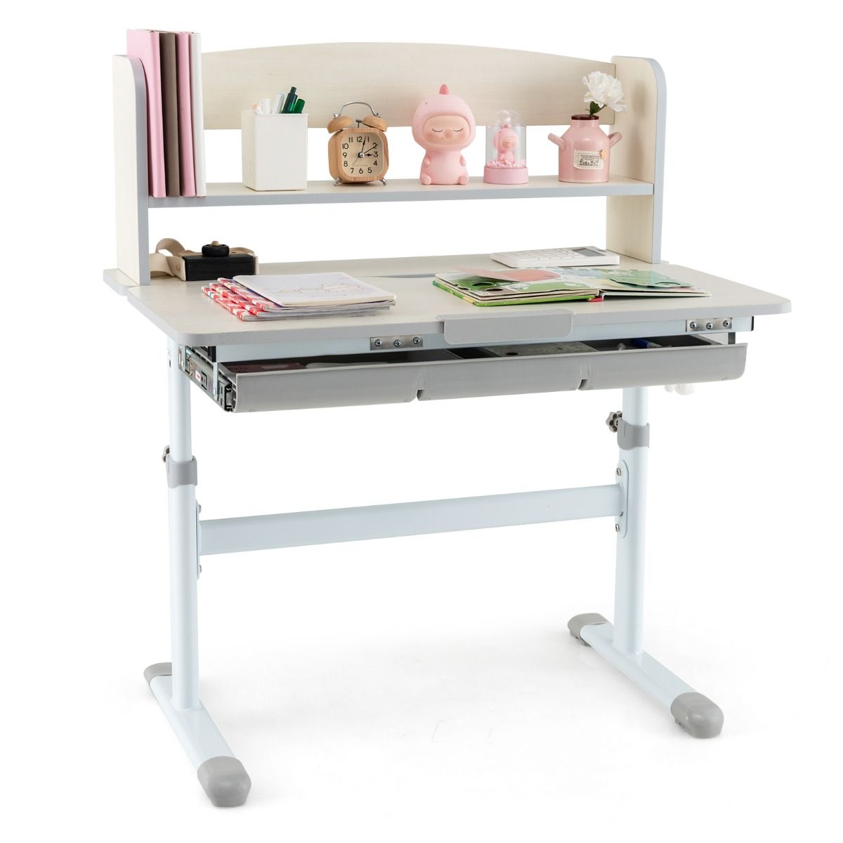 Coast Kinderbureau - In hoogte verstelbaar - Kantelbaar blad - Met lade en opberghok - 80 x 51 x 81,5-104 cm - Roze