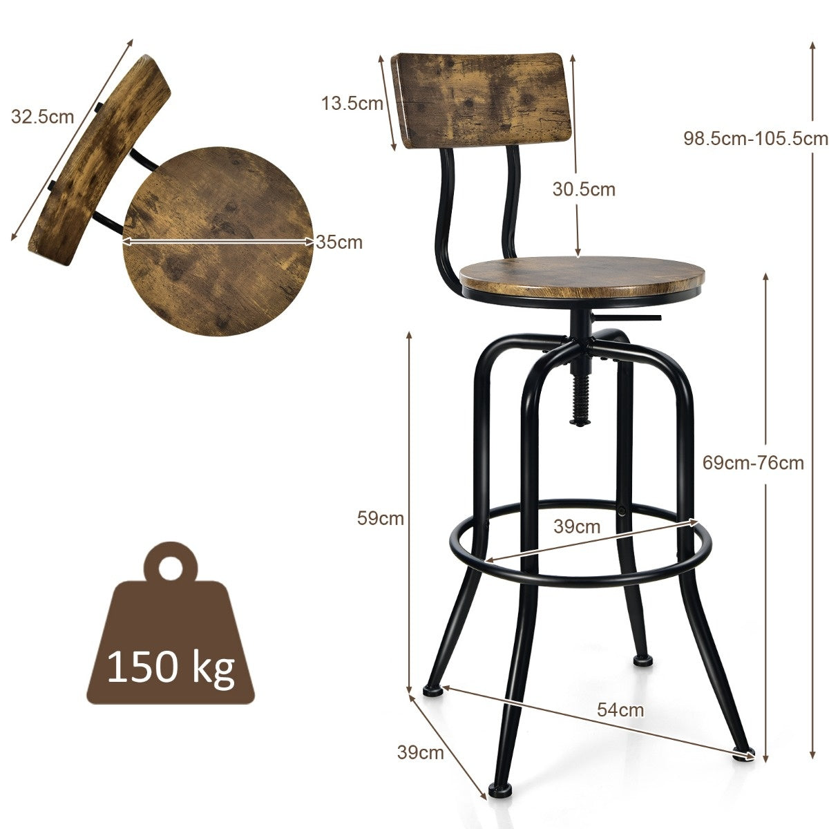 Coast Barstoel set van 2 - Industrieel - Draaibaar - Max. 150 kg - 54 x 54 x 106 cm - Bruin