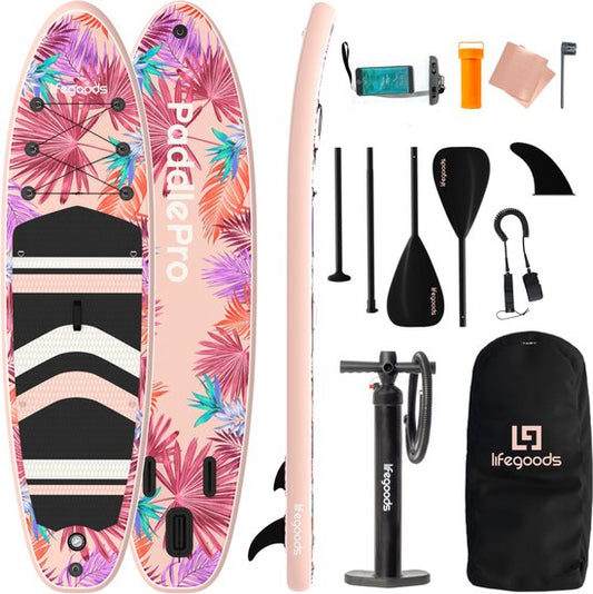 LifeGoods PaddlePro SUP Board - Opblaasbaar Paddle Board - Complete Set - Max. 150KG - 320x81cm - Tropisch Roze