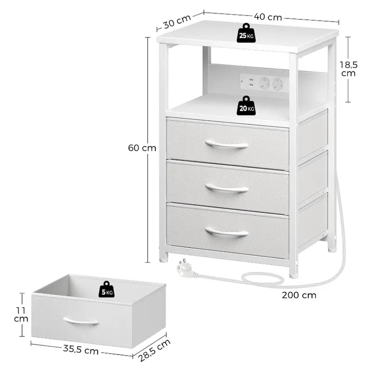 Seventable Bijzettafel met Stof Lades - Ingebouwd Stopcontact en Verlichting - Mat Wit
