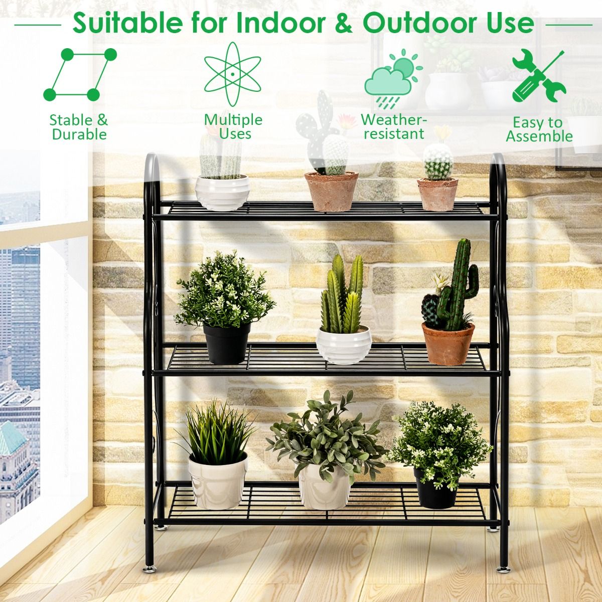 Coast Metalen Plantenstandaard - 3 niveaus - Multifunctionele opbergplank - Zwart 72 x 25 x 85 cm
