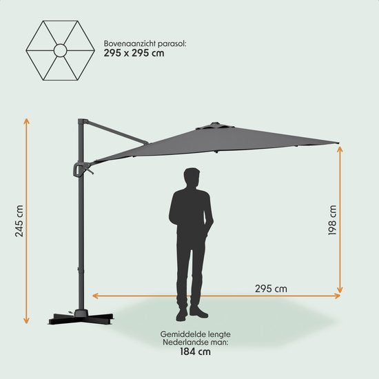 LifeGoods Zweefparasol - 6 Standen - 360° Draaibaar - Rond Ø300 cm - Inclusief Beschermhoes - Antraciet