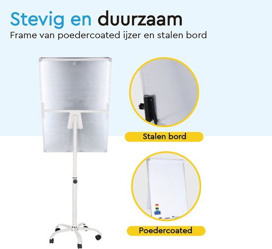 BRASQ Flipover Verrijdbaar - 70x100 cm - Verstelbaar Whiteboard - Inclusief 25 vellen papier, 4 stiften, 8 magneten, wisser - Flipover met papierklem en haken - Magnetisch bord - Magneetbord - Wit