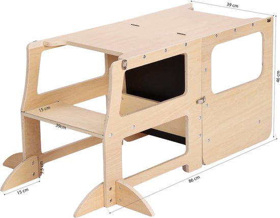 Sunny Mae Leertoren 2-in-1 – Houten Kinder Leertoren en Speelmeubel – Omkeerbaar tot Tafeltje met Stoel – Met Krijtboard – Montessori-geïnspireerd Keukenhulpje – Veilig en Educatief Speelgoed