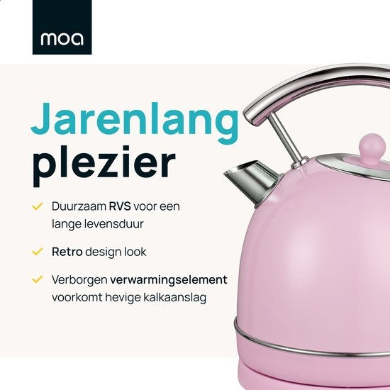 MOA Waterkoker Retro - 1.8L - RVS - BPA vrij - 2200W - 21.30x21.40x28.60 cm - Pastel roze
