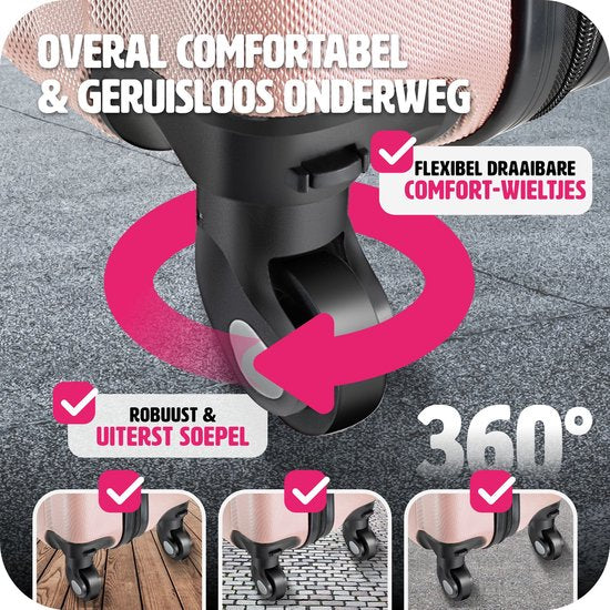 tectake® - 4-delige reiskofferset inclusief koffertrolley en bagageweger, 360° wielen, harde koffer met cijferslot, grote koffer, stapelbaar, trolley handbagage - rosegold