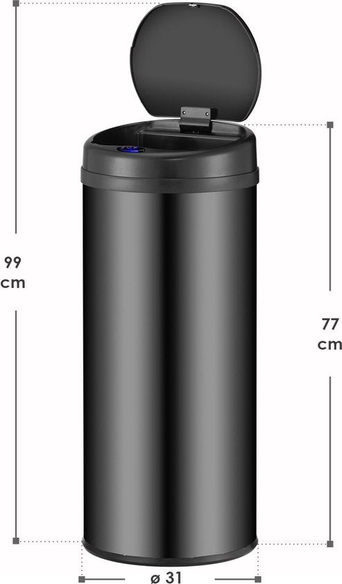Juskys – Sensor Prullenbak Rond – 50 - Automatisch Deksel - Touch-Bediening – Zwart / Gepoedercoat Staal
