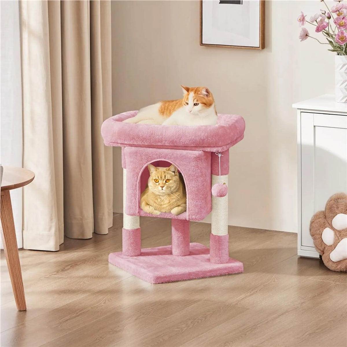 Yaheetech Krabpaal Met Hangmat – Voorzien Van Knus Kattenhol En Twee Sisalpalen En Zachte Ligplek – Voor Kittens En Kleine Katten – Lichtroze Pluche En Sisal – 40,5 x 40,5 x 59 cm