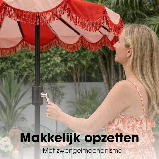 Mica Decorations Kim Gestreepte Parasol met Draagtas - Stokparasol 238 x Ø235 cm - Tuin of Balkonparasol - Polyester, Staal - Rood