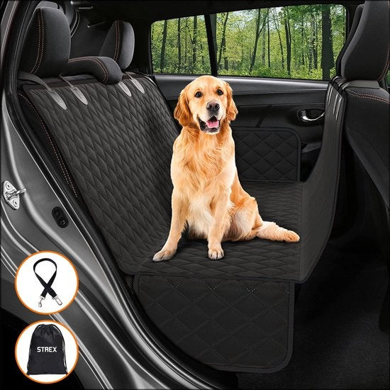Strex Hondendeken Auto Achterbank en Kofferbak - 137 x 147 CM - Beschermhoes - Hondenkleed - Honden Deken Auto Achterbank - Incl. Hondenriem En Opbergzak - ZWART