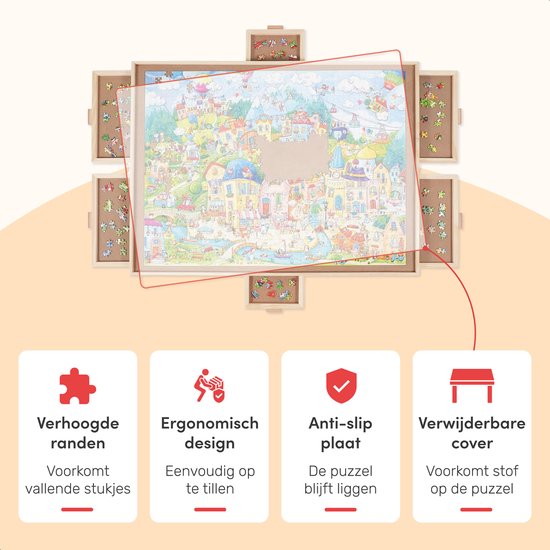 Draaibaar Puzzelbord met Opbergsysteem - 6 lades - 1500 stukjes - Houten - Puzzeltafel - Puzzelplank - Puzzelmap - Puzzelplaat - Incl. Bescherm cover - Puzzel - mat - Koffer - Sorteerbakjes
