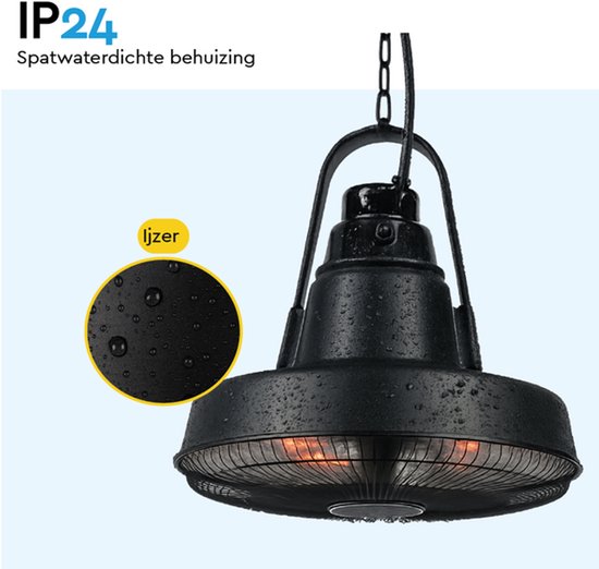 BRASQ Retro Elektrische Terrasverwarmer hangend – 3 warmtestanden – met afstandsbediening – IP24 -Spatwaterdicht - Voor binnen en buiten – 2000 W