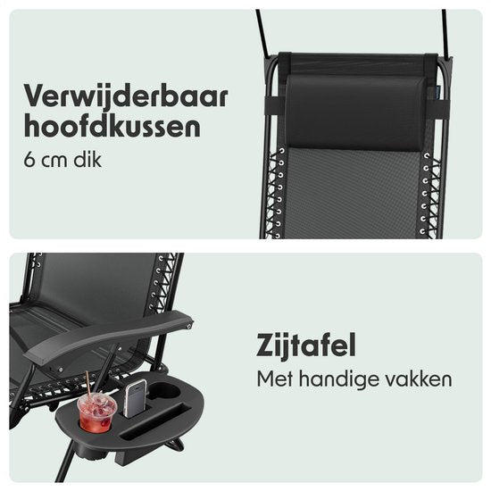 LifeGoods Opvouwbare Tuinstoel - Verstelbaar Zonnescherm - Ligstoel Tuin - 30°-90° Verstelbaar - Metaal - Zwart