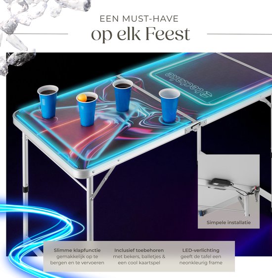 tectake® Beerpong Tafel - Met Feestdecoratie - LED-verlichting - Bierpong Tafel in Hoogte Verstelbaar en Inklapbaar - Drankspel met Accessoires - 100x Plastic Bekers, 6x pingpongballen, Kaartspel met Kaarten