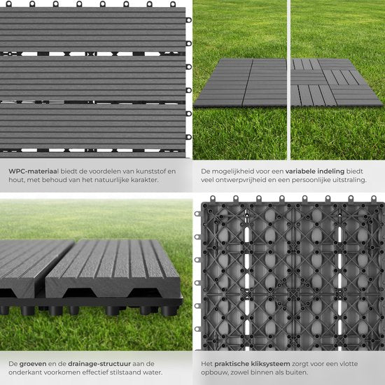 tectake® WPC houten tegels - Houtlook tegels - Weerbestendig - Vloerbedekking voor buiten - Vloertegels - Balkonvloer - Terrastegels met kliksysteem - Afvoer - Set van 11 - Grijs