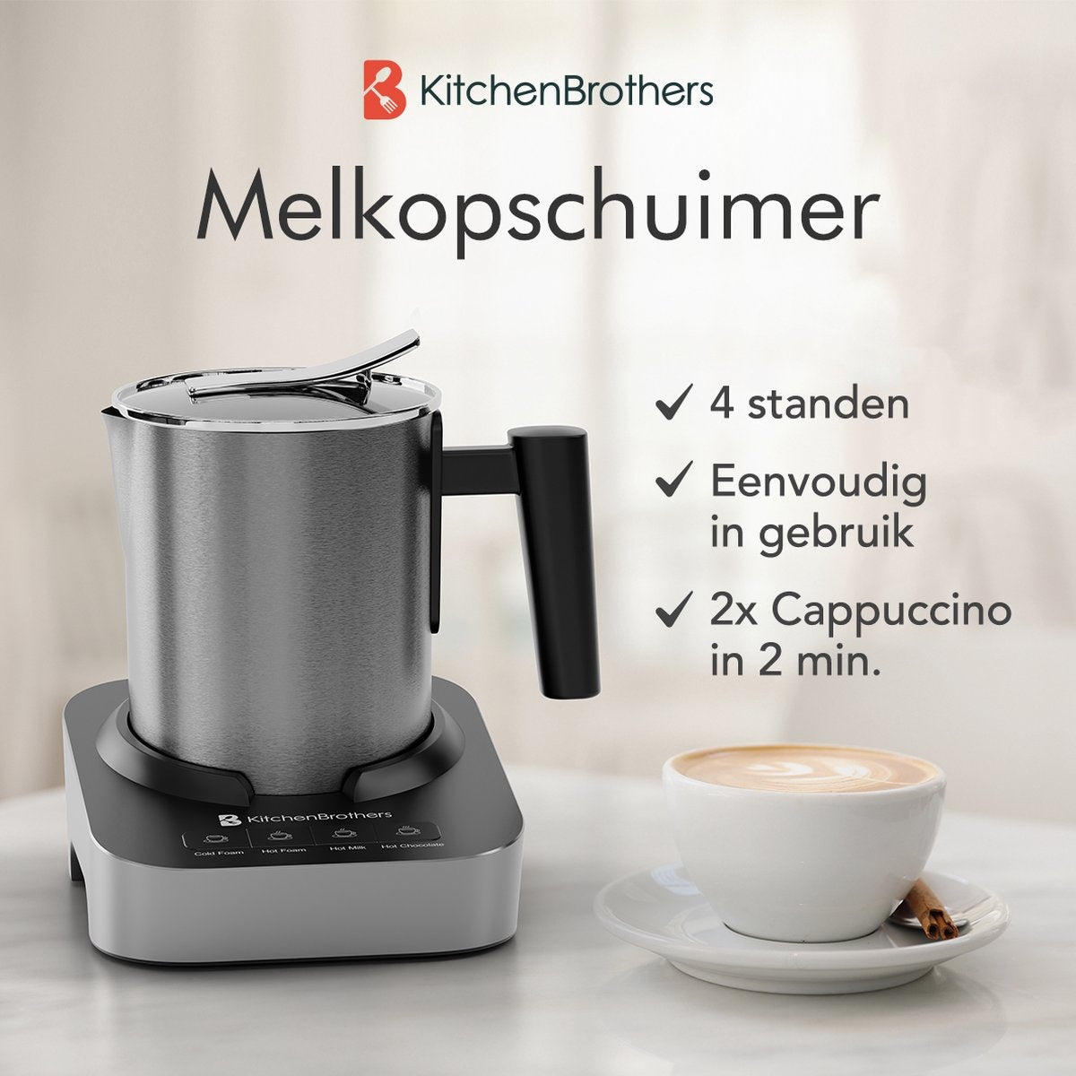 KitchenBrothers - Elektrische melkopschuimer - Vaatwasmachinebestendig - 4-in-1 - 400 ML - Roestvrij staal/zwart