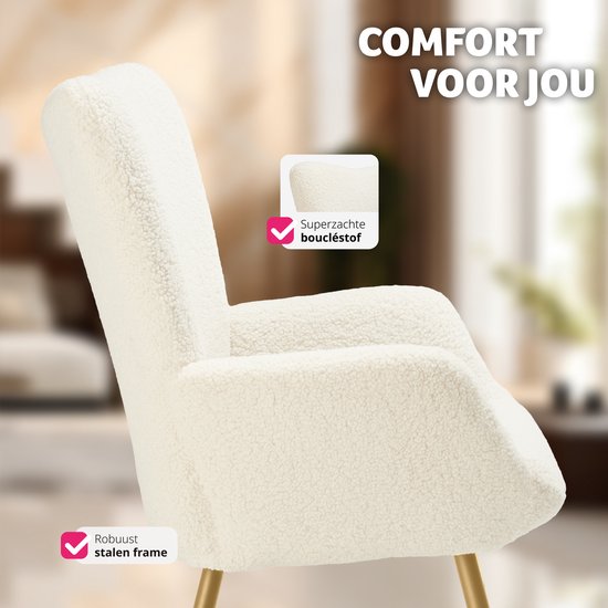 tectake® Oorfauteuil in Scandinavische stijl - Teddystoel Hygge - Stoel voor woonkamer, slaapkamer - Loungefauteuil - Goud metalen poten - Draagvermogen tot 150 kg - Crème