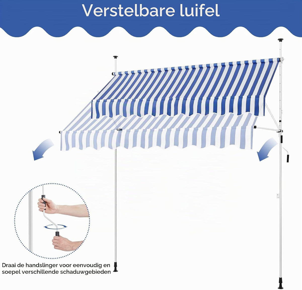 Yaheetech Balkonmarkise - Klemmmarkise met Handkurbel 250 cm - Höhenverstellbar - Blauw-Wit