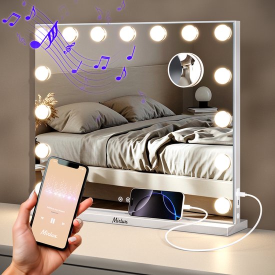 Mirlux Hollywood Spiegel 58x48CM – Bluetooth Spiegel met 2 Luidsprekers – Make Up Spiegel met Verlichting – 15x LED Lampen – 3 Lichtstanden – 10x Vergroting – Hollywood Spiegel met USB & USB-C – Luxe Witte Make-Up Spiegel voor Kaptafel of Badkamer