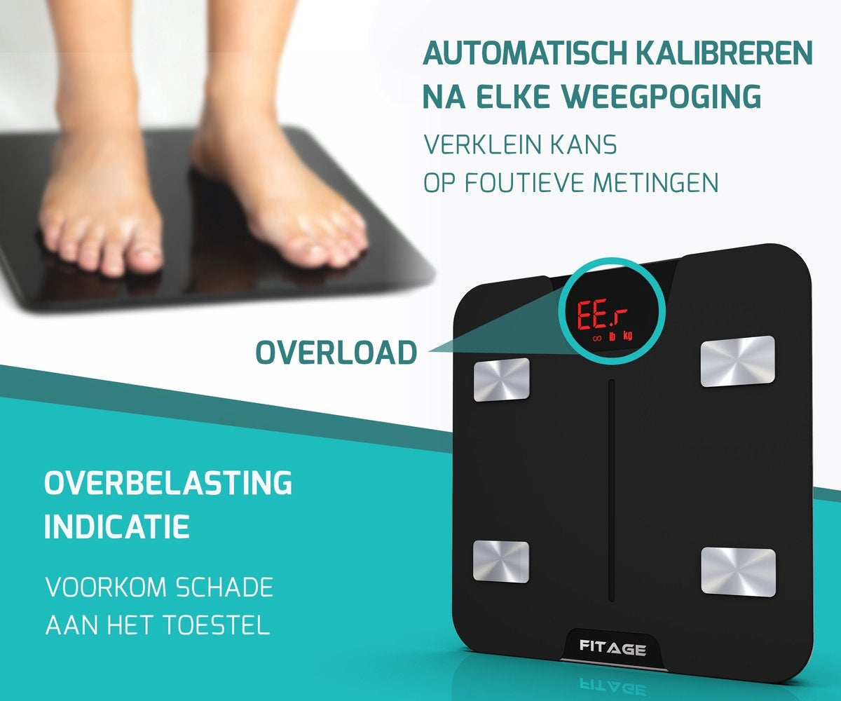 FITAGE Smart Weegschaal – App-tracking & bluetooth - 17 Lichaamswaarden – 180 kg capaciteit – 28 x 28 x 2,5 cm – Zwart