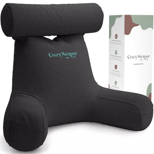 Cozysense® - Leeskussen - Leeskussen voor in Bed - Bookseat - Ergonomisch Zitkussen met Boucléstof - Boekkussen - Lees Kussen - Groot Formaat Steun voor Rug, Nek en Armen - Relax Kussen - Verstelbare Vulling - CertiPUR® - Afneembare Hoes - Grijs