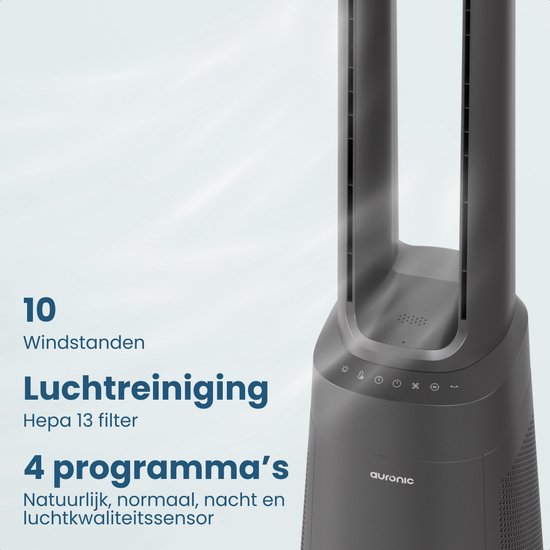 Auronic Bladloze Torenventilator met Luchtreiniger – H13 HEPA – 10 Windstanden – Grijs