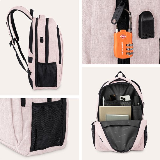 TRVLMORE Rugtas - 36L - 17,3 Inch - Laptop Rugzak met USB - Schooltas - Heren en Dames - Tas -Levenslange - Roze