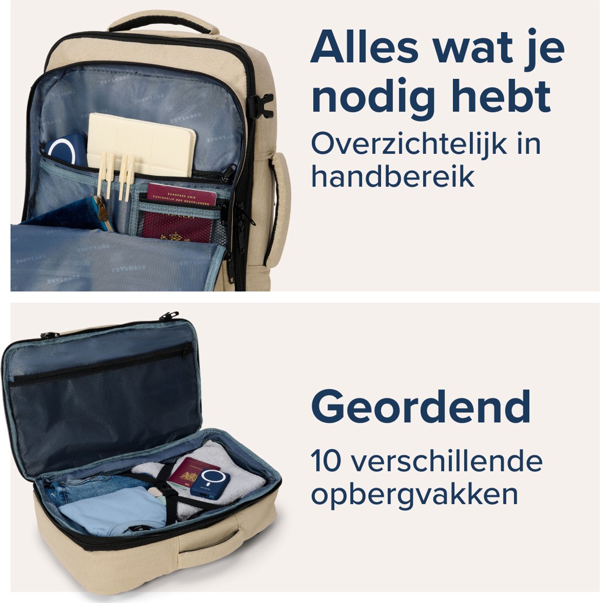 TRVLMORE 40L Reistas Rugzak – Handbagage – 49 x 34 x 13 cm – Beige