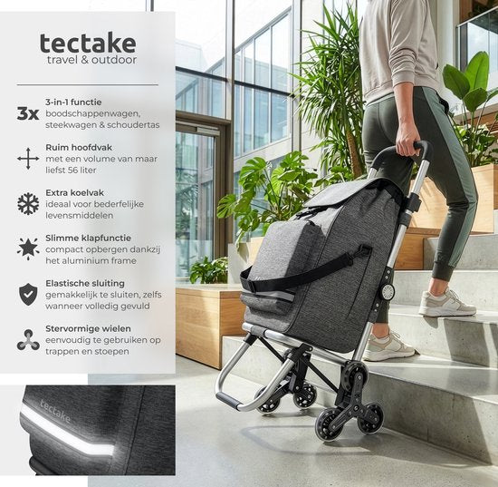 tectake® 3-in-1 Boodschappentrolley met Koelvak - 4 Traploop Wielen - Opvouwbaar - 56L Inhoud - Boodschappenwagen - Boodschappenkar - Ook als Steekwagen en Boodschappentas - Met Sleutelhanger en Winkelwagenmunt