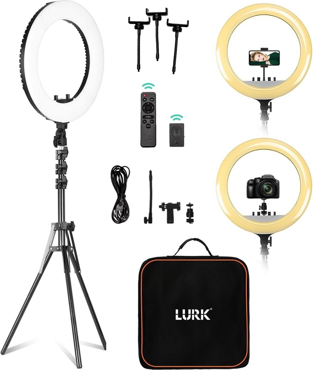 Lurk Ringlamp PRO - 18 inch - 45 cm - zwart - met verstelbaar statief - afstandsbediening