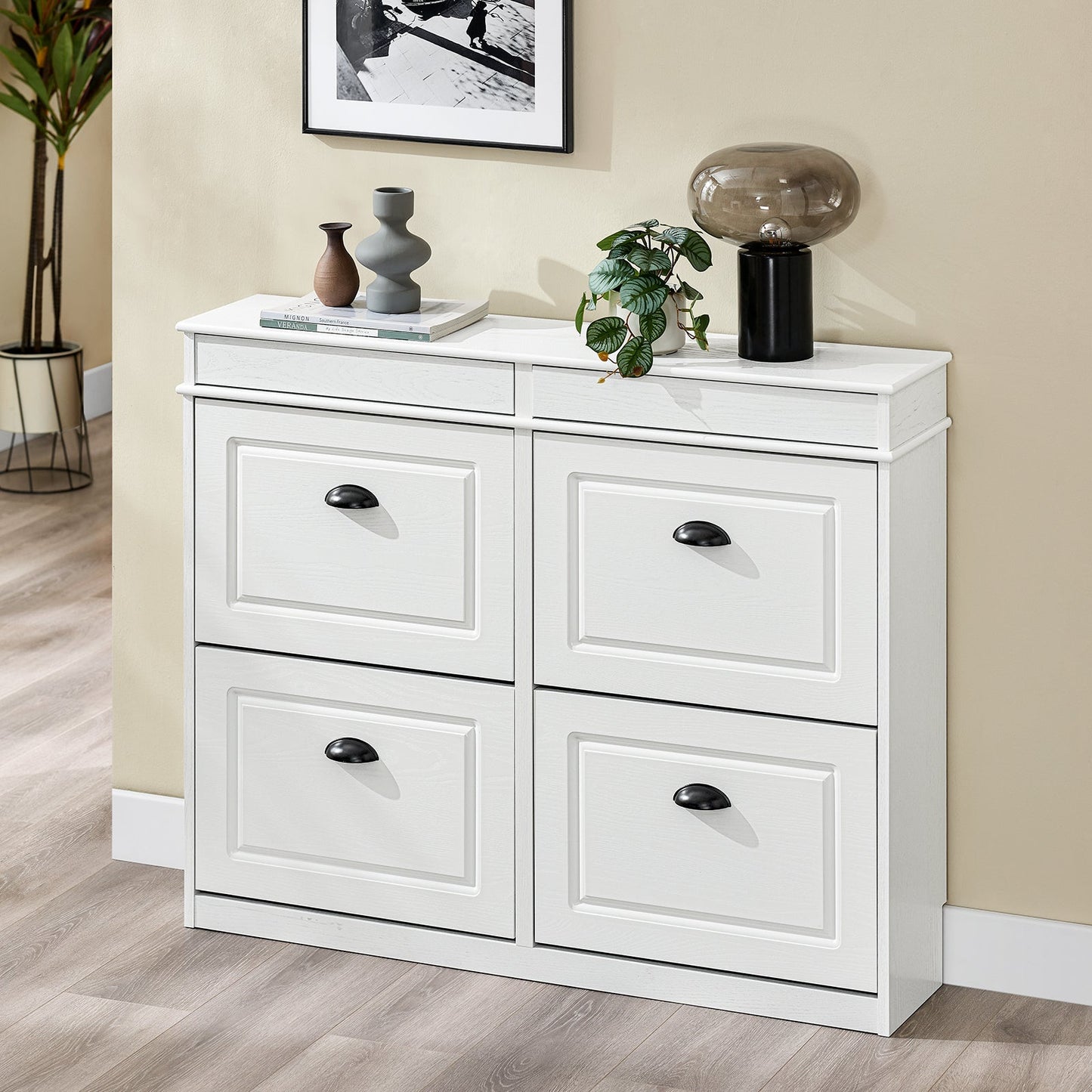 SoBuy Schoenenkast FSR79-WG – 4 kleppen – 103 x 23 x 82 cm – Wit met antiek houteffect – Schoenenrek voor 16 paar