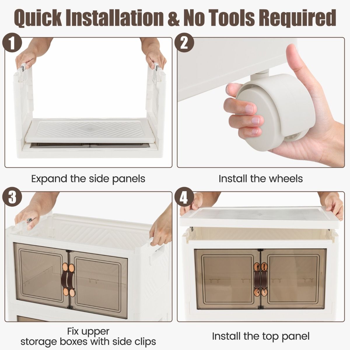 Coast Opbergkast - 4 Opvouwbare en Stapelbare Bakken - 49.5 x 31.5 x 112.5 cm - Wit met Bruin