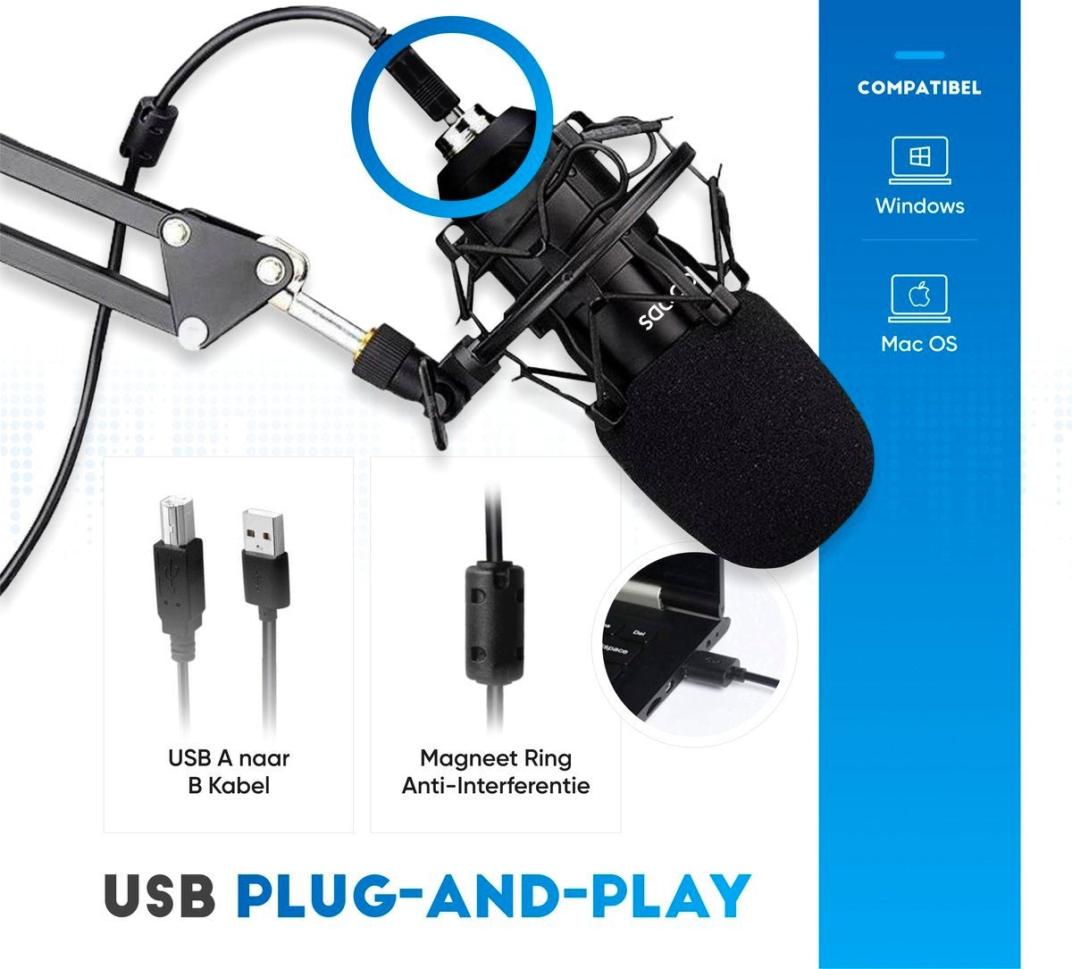 Condensator Microfoon met Arm - Gaming - Cardioide Patroon - Microfoon voor PC - USB - Met Standaard - Plopkap - Ruisfilter - Laptop - Streaming