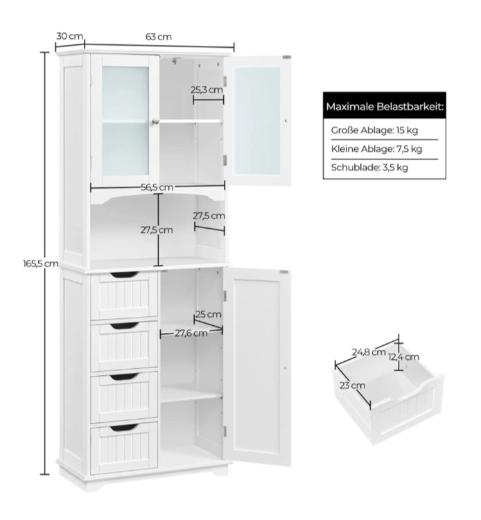 Yaheetech Badkamerkast - Wit - 63 x 30 x 165,5 cm - Glazen Deuren, 4 Lades, Verstelbare Planken
