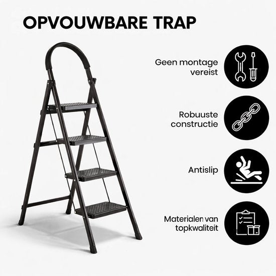 ToolX Huishoudtrap - Keukentrap - Staal- 4 treden- Inklapbaar - Anti-Slip - Opvouwbaar - Zwart