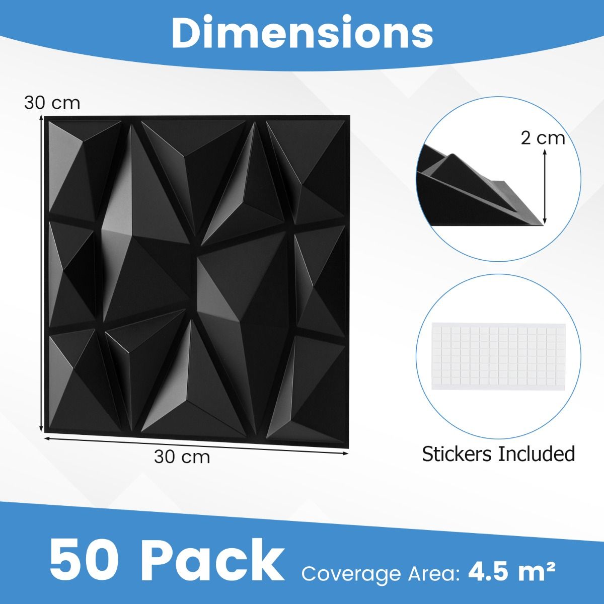 Coast 3D Wandpanelen - diamantpatroon - zelfklevend - zwart 30 x 30 cm 50 stuks