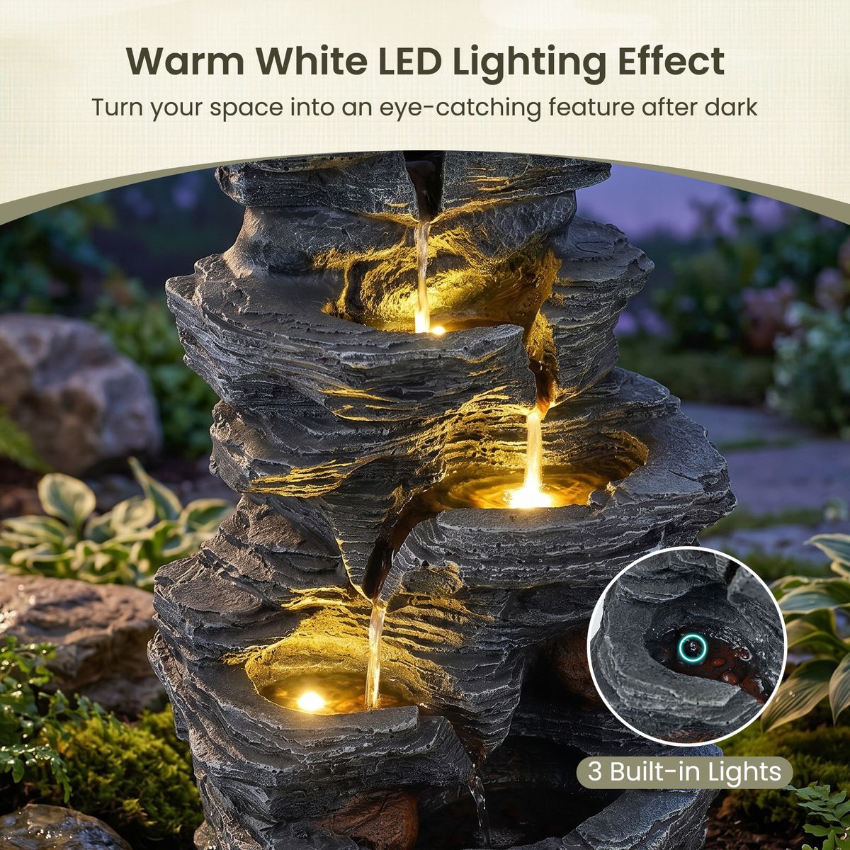 Coast tafelfontein - 5-laags waterval - LED-verlichting - zwart - 27 x 20,5 x 45,5 cm