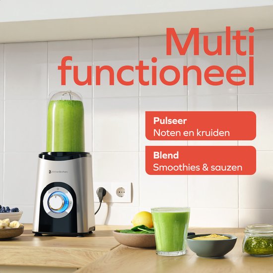 KitchenBrothers Smoothie Blender - 2-in-1 - Blender om mee te nemen - 4 Bekers - Smoothie Maker om mee te nemen - Mini Blender - Zilver